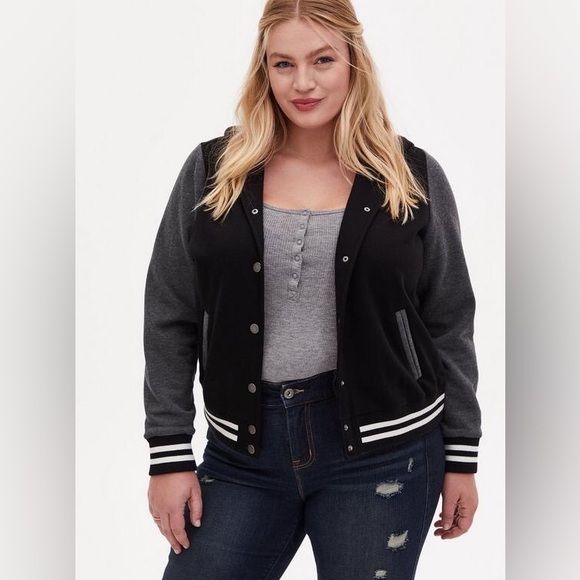 Torrid Black & Grey Varsity Hooded Bomber Jacket Women's 3X school coat fleece - Picture 1 of 13